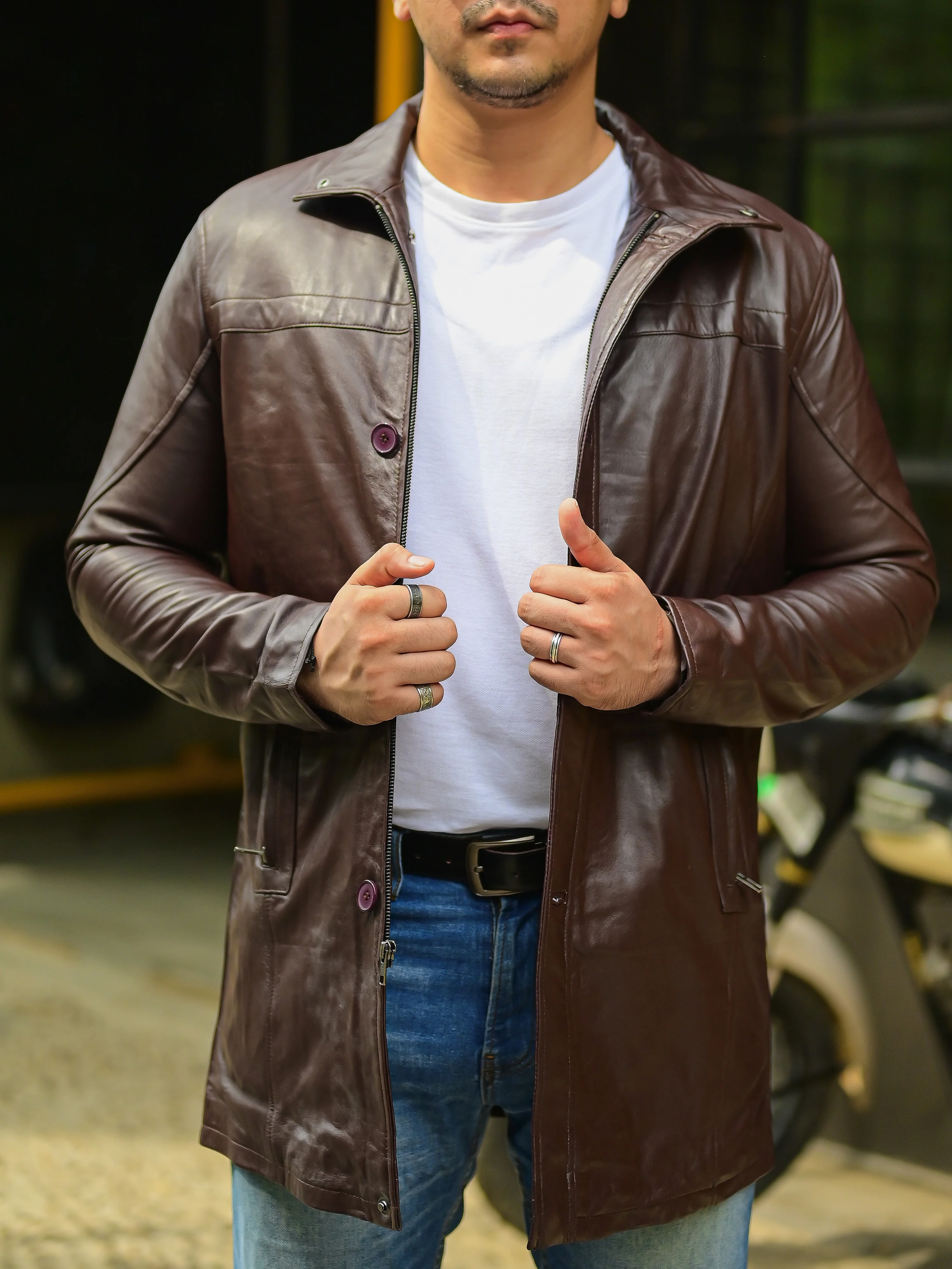 Jild 3/4 Length Brown Trench Leather Car Coats for Men